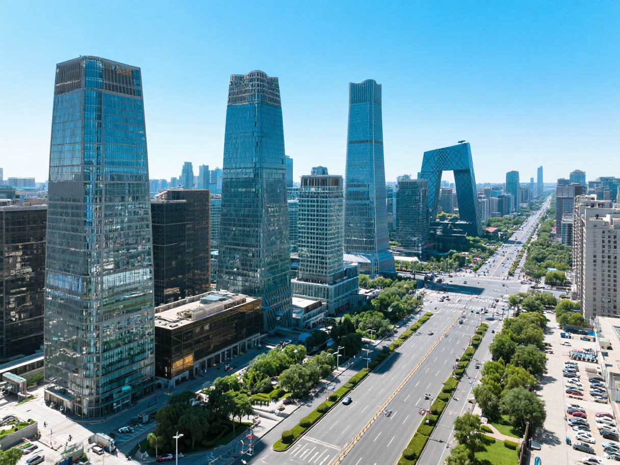 北京CBD长安街沿线写字楼集群航拍，华贸中心所在区位